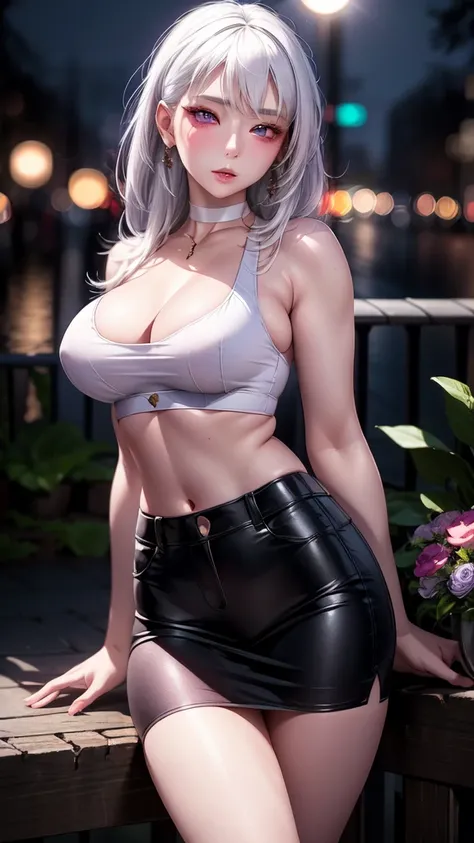 realistic, 1girl, white hair, purple eyes, glowing eyes, crop top, skirt, parted lips, blush, night, flowers, sun, sunlight,