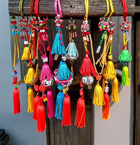 A bunch of ornaments hanging on a key chain, traditional，National trend style, Cute, colorful and adorable, Clay Amulets, DIY, shui mo hua, Inspired by Roma, Chinese style, Chinese, inspired by Luo Ping, Inspired by Pu Hua, Biopunk toys made in China, Chin...