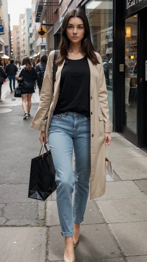 Woman, full length, walking diagonally to her left, wearing casual clothing, detailed face, dark hair, returned from shopping, detailed face.