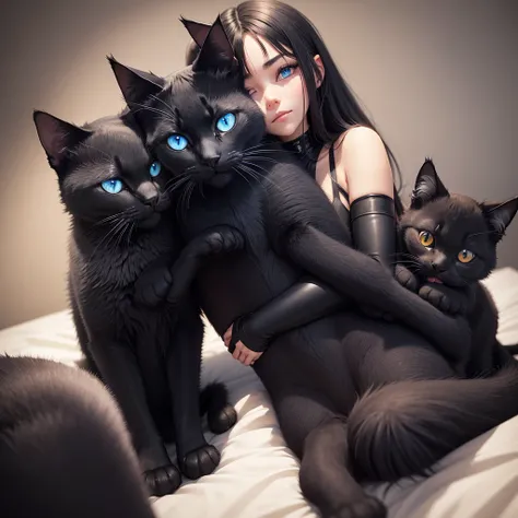  His pet is a black cat. The cat has blue eyes. she is hugging her black cat.