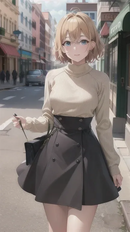 masterpiece, best quality, highres, nm1, sweater, high-waist skirt, cowboy shot, standing, street