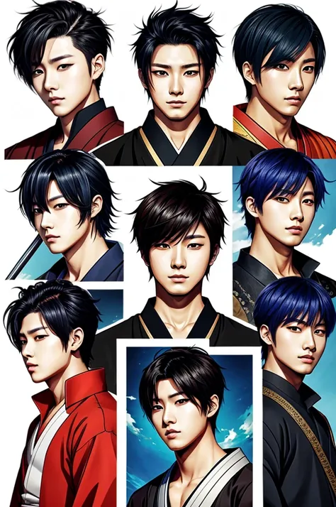 Draw a group of five kpop boys with samurai concept and anime style