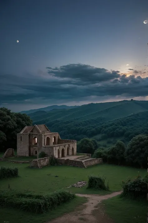 It was night, and the moon was hidden behind the clouds. A little distance from the village was a ruin, known to the locals as the Haunted Palace. The villagers believed that spirits roamed the palace at night. Landscape 