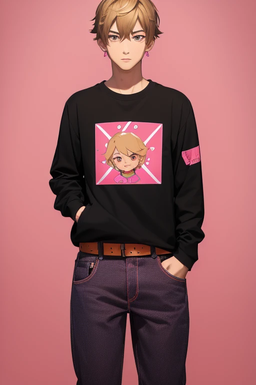 Gumball Handsome 18 year old boy with blonde brown hair, with a pink streak, light skin, pierced ears, honey brown eyes, open pink sweatshirt, black shirt with a candy castle print, black belt, red jeans, looking directly at the viewer on a white backgroun...