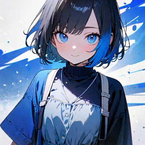 (8K,4K,best quality, master piece: 1.2), super high resolution,1 Beautiful woman,16yo,ultra-detailed face, detailed eyes,blue eyes,mascara,blue eyes,:>,frilled white camisole,(black hair, blue dip-dye hair),bob cut,looking at viewer,ポートレート,blue splash back...