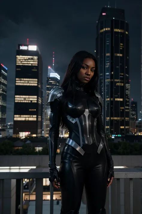 8k, RAW photo, best quality, ultra high resolution, photorealistic, realistic photo of skinny storm, (storm from x-men), (dark skin, ebony girl), in the city downtown, modern skyscrapers, bright moonlight, (full body picture), (photo from the side), standi...