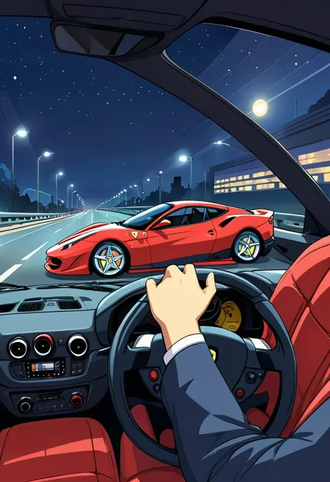 Generate a cartoon illustration with an external side view of a Ferrari car in the middle of a night highway, the driver drives with one hand on the steering wheel and the other resting on the car window.