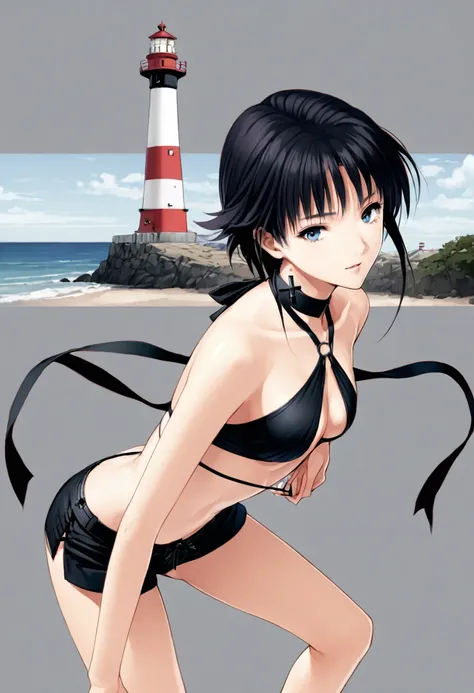  1girl, Japanese model,16 years old,Short bomb hair,Create an image of a seductive bikini swimsuit featuring a cross-style top, with fabric crossing at the chest and creating a revealing opening. The back has a halter neck design that ties behind the neck....