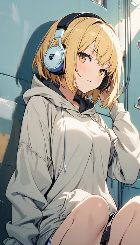 1girl, blond hair, short hair, headphone, hoodie