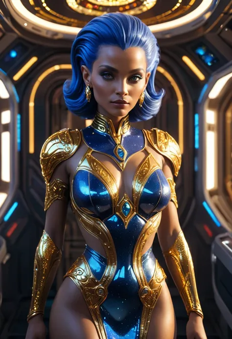 (whole body), extraterrestrial alien female similar to the mix of mystique y naytiri, dressed in a short evening dress, set with shining gold, precious colored stones and diamonds, (It is located in the space station control center),Intricate details of th...