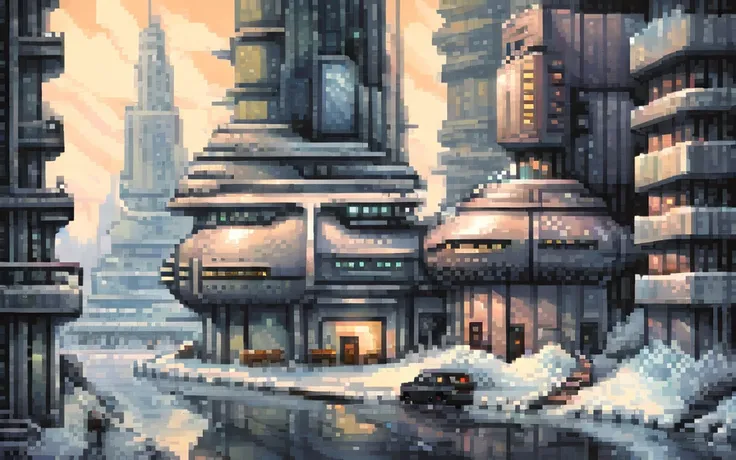 Modern buildings, Futuristic winter city, pixel art painting by Yoko Tsuno, best quality, masterpiece, high details, Ultra intricate detailed