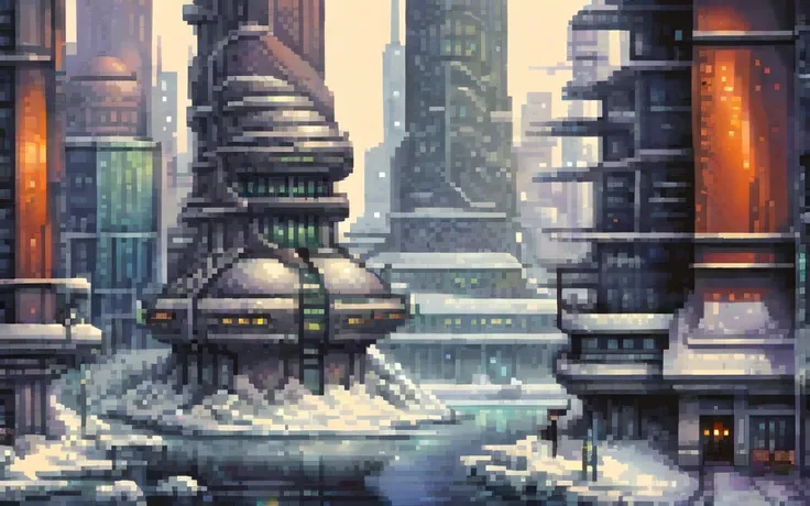 Modern buildings, Futuristic winter city, pixel art painting by Yoko Tsuno, best quality, masterpiece, high details, Ultra intricate detailed