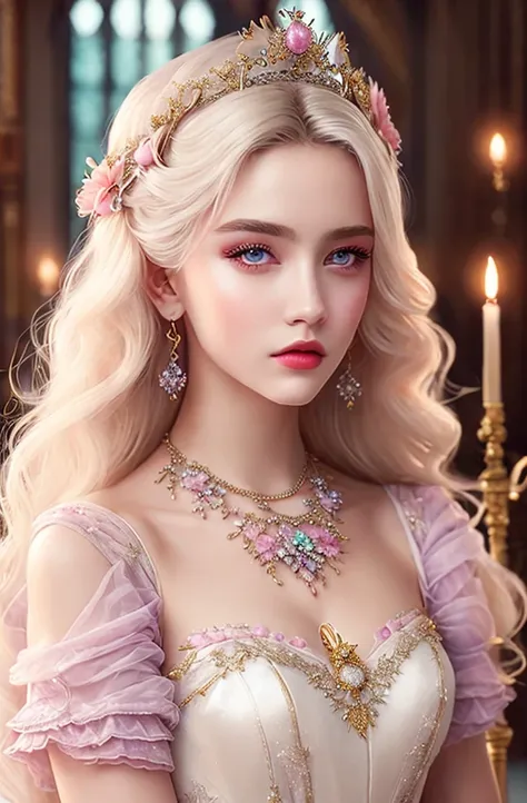 White Blonde hair, fluffy hair, stylish hair, long hair, lilac eyes, perfect eyes, beautiful, perfect face, tween, dainty , short, kind, curvy, a flowing pale airy gown with ruffles along the bottom with tiny pink flowers and gold dragon embroideries with ...