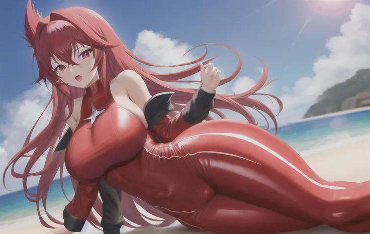 Rias Gremory with big breasts and wearing red leggings 