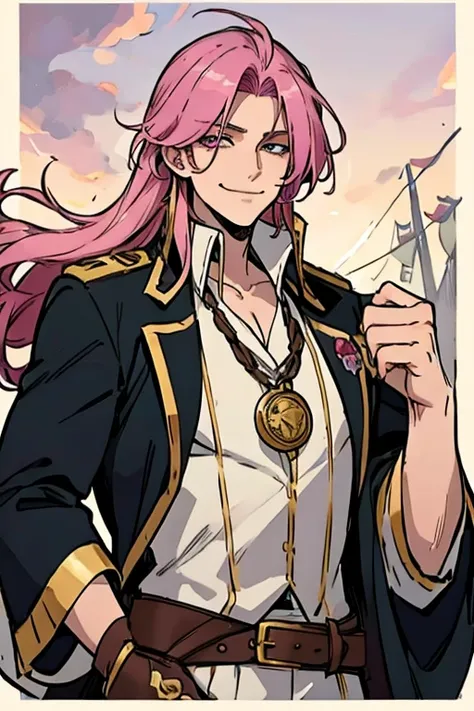 A handsome pink haired man with violet eyes with long hair in a pirates uniform is holding a golden coin with a big smile in a tropical island
