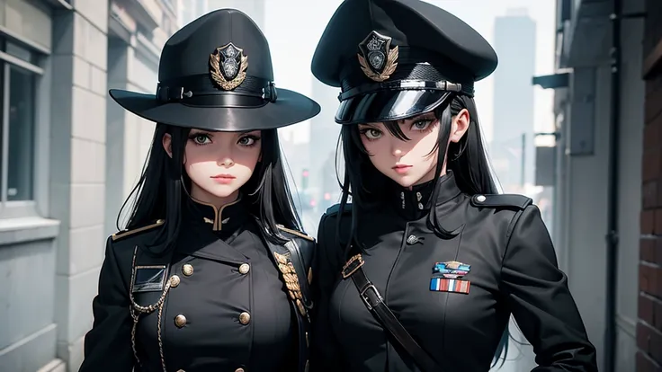 1 girl, solo, arafed women in a black uniform and a black hat, a black dieselpunk policewoman, in black military uniform, detect...