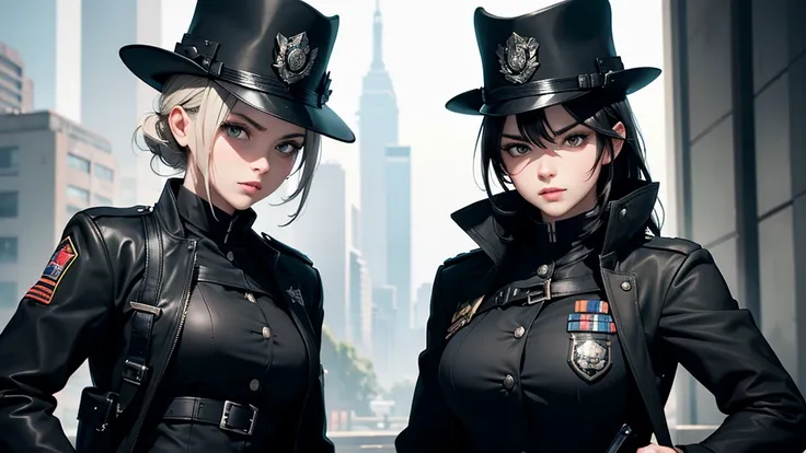 1 girl, solo, arafed women in a black uniform and a black hat, a black dieselpunk policewoman, in black military uniform, detective coat, officer, black greatcoat, police uniform, in black uniform, black armored uniform, dark coat, full uniform, inspired b...