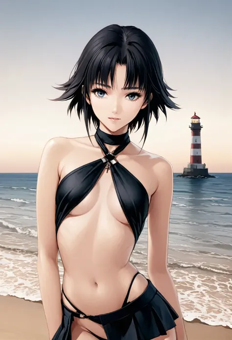  1girl, Japanese model,16 years old,Short bomb hair,Create an image of a seductive bikini swimsuit featuring a cross-style top, with fabric crossing at the chest and creating a revealing opening. The back has a halter neck design that ties behind the neck....