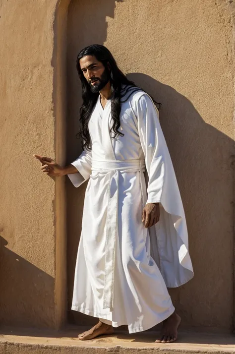 ((best quality)), ((masterpiece)), (detailed). Jesus dressed in white robe down to his feet,with shoulder sash.with long black hair.knocking on the side of the u.n. house in senegal.