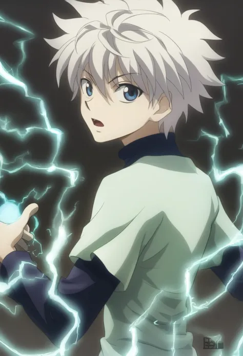 killua_zoldyck, 1boy, solo, looking at viewer,  short hair, open mouth, bangs, blue eyes, shirt, long sleeves, white background,...