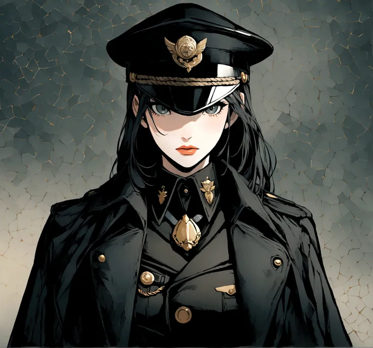 1 girl, solo, arafed women in a black uniform and a black hat, a black dieselpunk policewoman, in black military uniform, detective coat, officer, black greatcoat, police uniform, in black uniform, black armored uniform, dark coat, full uniform, inspired b...