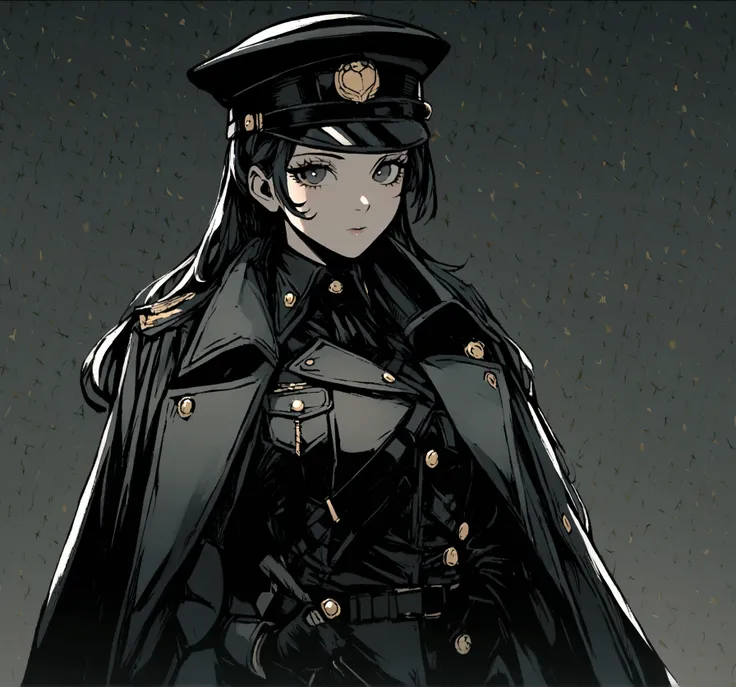 1 girl, solo, arafed women in a black uniform and a black hat, a black dieselpunk policewoman, in black military uniform, detective coat, officer, black greatcoat, police uniform, in black uniform, black armored uniform, dark coat, full uniform, inspired b...