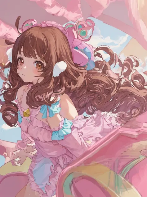 Anime girl, thick, long curly brown hair with bangs, brown eyes, pastel coquette aesthetic