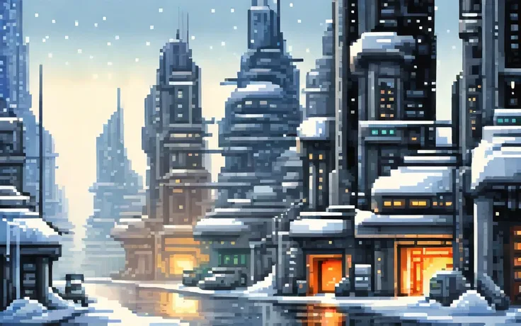 Modern buildings, Futuristic winter city, pixel art painting by Yoko Tsuno, best quality, masterpiece, high details, Ultra intricate detailed