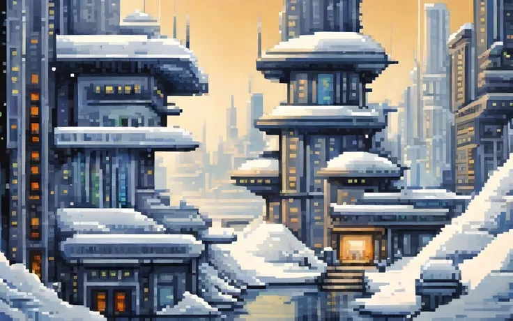 Modern buildings, Futuristic winter city, pixel art painting by Yoko Tsuno, best quality, masterpiece, high details, Ultra intricate detailed