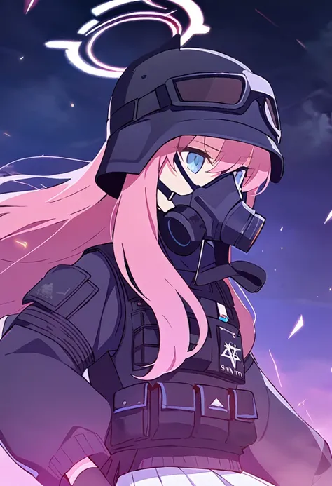 1 girl, pink long hair, Black swat vest, wear Black gloves, Wearing a gas mask, White skirt, pink sweater, blue archive style.