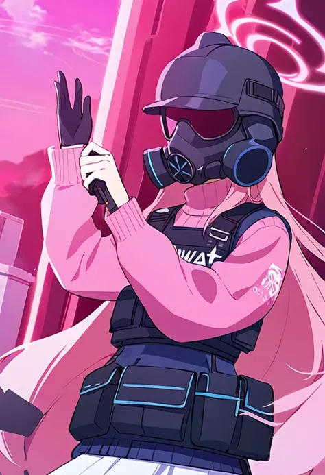 1 girl, pink long hair, Black swat vest, wear Black gloves, Wearing a gas mask, White skirt, pink sweater, blue archive style.