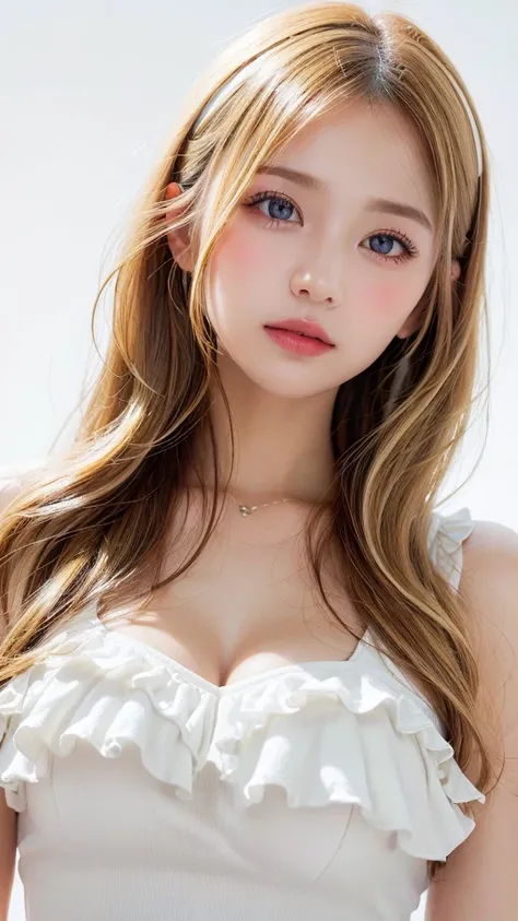 (((forehead、Blonde、Northern Europe、White people、beautiful girl、Blonde、White background、Frills、race、dress)))、table top, highest quality, figure, super detailed, finely, High resolution, 8k wallpaper, Perfect dynamic composition, detailed and beautiful eyes,...