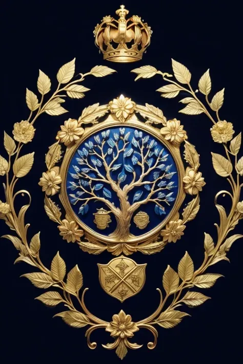 Coat of arms: mulberry branches on the sides with golden details and in the middle a blue and yellow floral landscape and at the bottom in engravings made in gold writing "ADM"