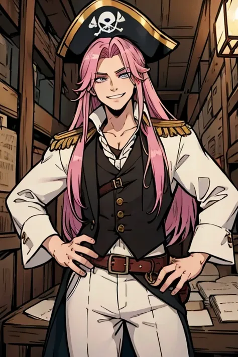 A handsome pink haired man with violet eyes with long hair in a pirates uniform is getting onto a pirate ship with a big smile