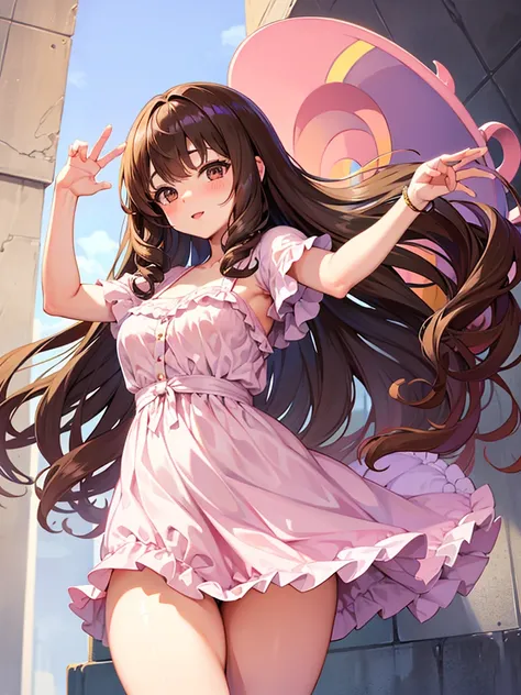 Anime girl, thick, long curly brown hair with bangs, brown eyes, pastel coquette aesthetic
