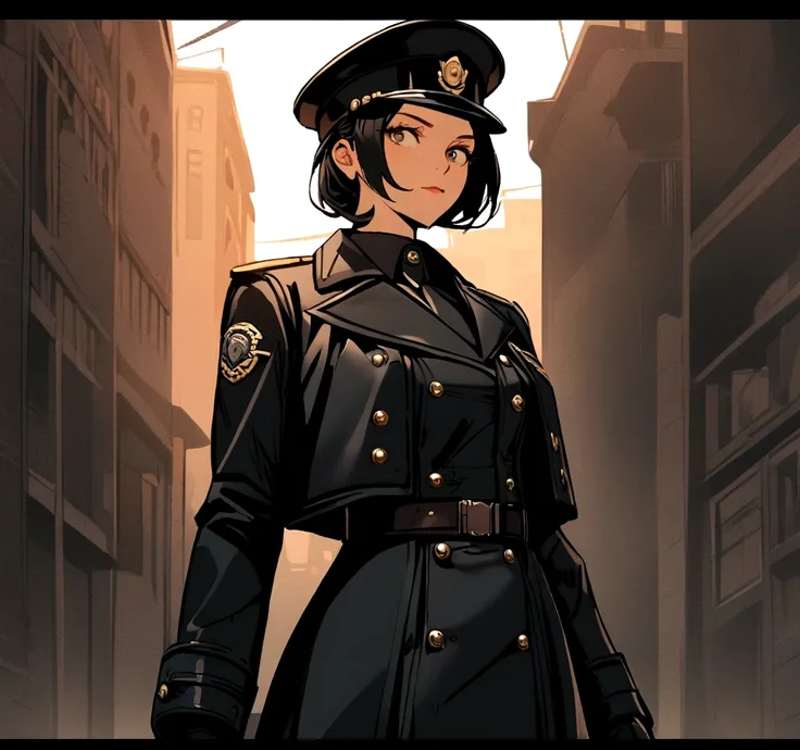 1 girl, solo, arafed women in a black uniform and a black hat, a black dieselpunk policewoman, in black military uniform, detective coat, officer, black greatcoat, police uniform, in black uniform, black armored uniform, dark coat, full uniform, inspired b...