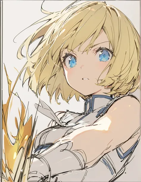 A girl fighting with golden flames(Sketches), (Open Close), (Small body), (Blonde:1.5） (Short Bob Hair:1.4), (Blue eyes)輝く
