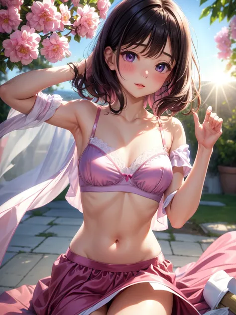 (satin、silk、pink bra)、Realist, 1 girl, In white, Purple Eyes, Bright Eyes, Crop top, skirt, Chapped lips, blush, evening, Flores, sun, sunlight,