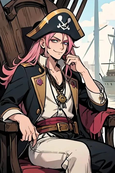 A handsome pink haired man with violet eyes with long hair in a pirates uniform is sitting on a pirate kings throne on a pirate ship with a big smile