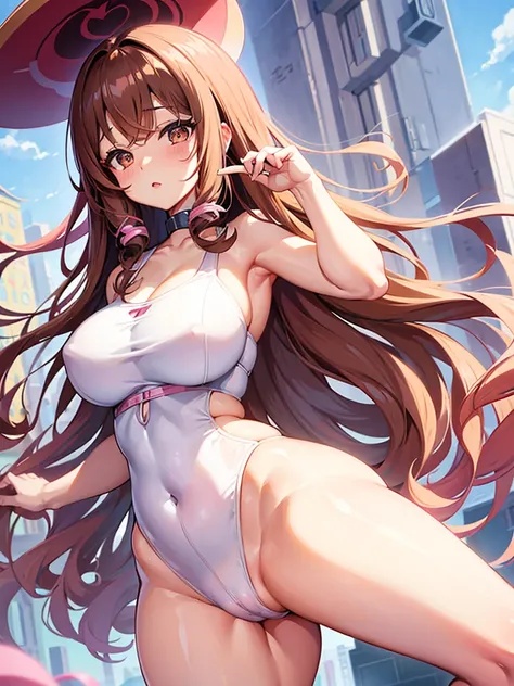 Anime girl, thick and curvy, long curly brown hair with bangs, brown eyes, pastel coquette aesthetic
