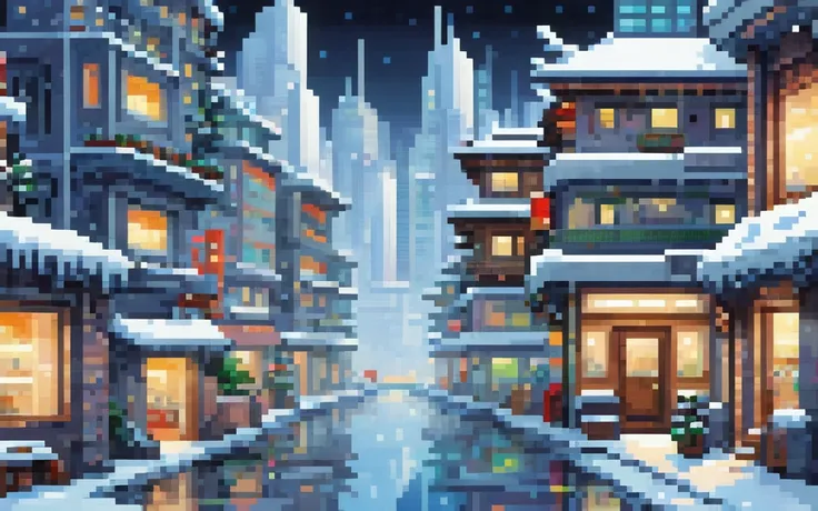 Modern buildings, Futuristic winter city, pixel art painting by Yoko Tsuno, best quality, masterpiece, high details, Ultra intricate detailed