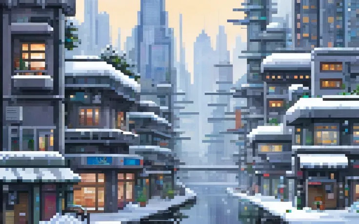 Modern buildings, Futuristic winter city, pixel art painting by Yoko Tsuno, best quality, masterpiece, high details, Ultra intricate detailed