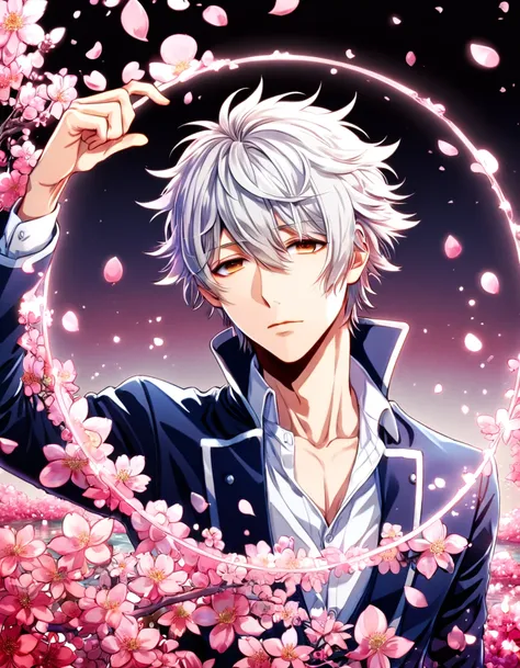 absurdres, highres, ultra detailed, HDR, master piece, best quality, Isana Yashiro, messy hair,  white hair, expressive brown eyes, K Project, navy blue Japanese over a long-sleeved white shirt, closed black high-collared jacket, solo, sexy man, handsome, ...