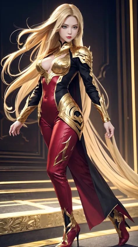 ((Full body photo, standing, feet on the ground)) ((8K, high image quality High image quality、Art: 1.4))、1 person、、Long blonde hair、gradient hair、Demon Hunter Super handsome 、Beautiful expression、Red lips, beautiful eyes with small breasts、Perfect face sha...