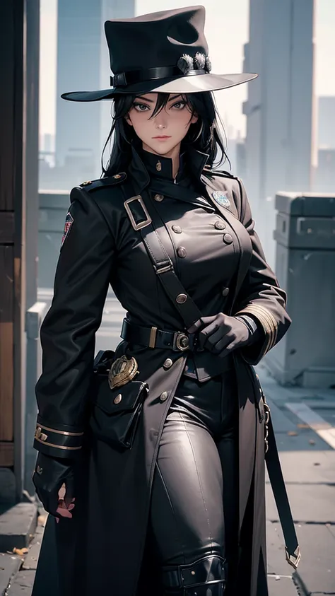 1 girl, solo, arafed women in a black uniform and a black hat, a black dieselpunk policewoman, in black military uniform, detective coat, officer, black greatcoat, police uniform, in black uniform, black armored uniform, dark coat, full uniform, inspired b...