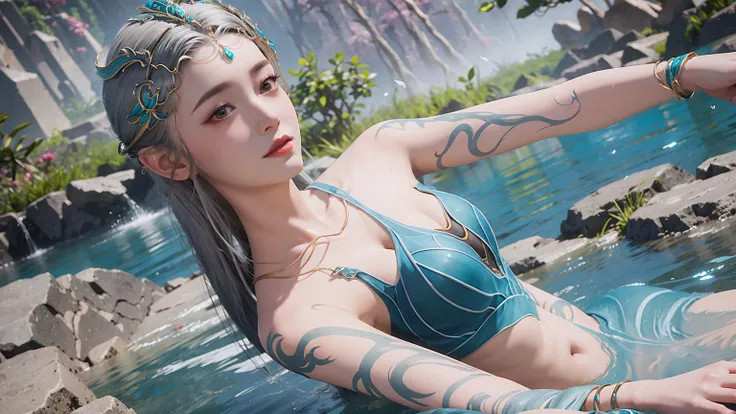 There was a woman，Gray hair，No clothes, Unreal Engine Rendering + goddess, Queen of the Sea Mu Yanling, fantasy style 8 k octane render, Meticulous rendering, 4K detail fantasy, closeup fantasy with water magic, 8K portrait rendering, Beautiful fantasy que...