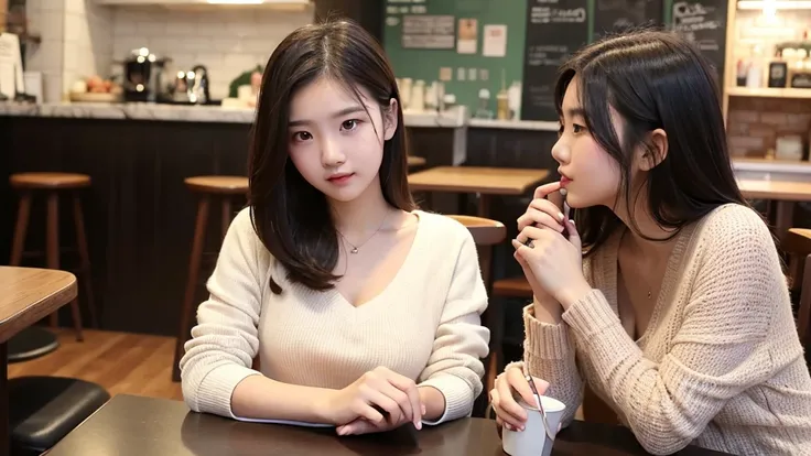 Indonesian girl 19-year-old Hairstyle Casual, F Cup Breasts wearing crewneck dress at cafe and chatting with her sister