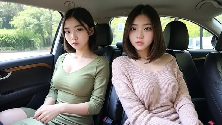 Indonesian girl 19-year-old Hairstyle Casual, F Cup Breasts wearing crewneck dress in car and driving the car with her friend