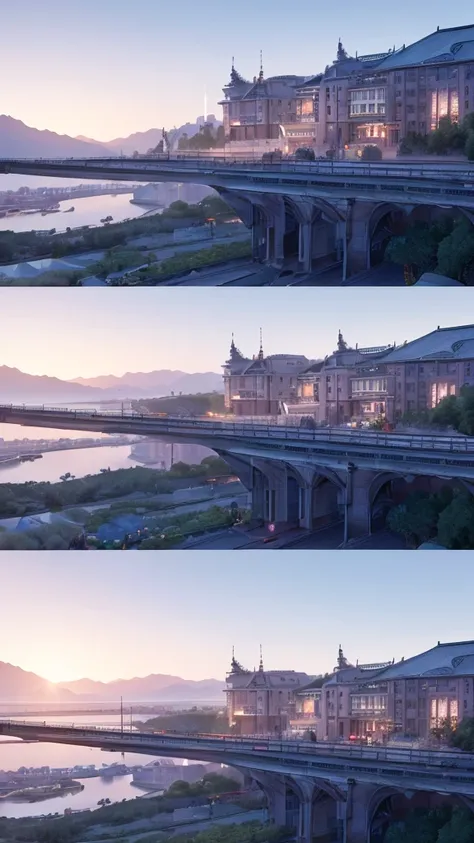 Ultra detail, realistic, masterpiece, high resolution, Soft morning light. Focus the party garden on the bridge. Bridge china. the view below is visible, and there is a view of the bridge. there is a view of the cyberpunk building and the cold mountains in...