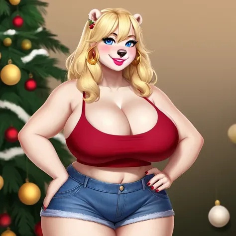 Blonde polar bear woman, wearing a Christmas crop top and jean shorts, perfect face, blue eyes, big breasts, cleavage, three-quarter view, solo, smile, perfect detailed body, pink lipstick, gold earring, hand on hips, blushing